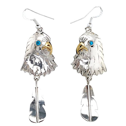 Image of Native American Earrings - Navajo Eagle Feather Turquoise Sterling Silver & 12k Gold Fill Dangle Earrings