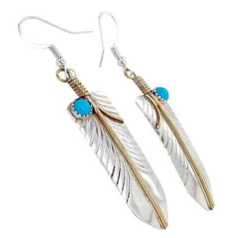 Image of Native American Earrings - Navajo Feather 12K Gold Fill & Sterling Silver Turquoise Dangle Earrings