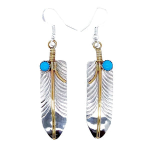 Native American Earrings - Navajo Feather 12K Gold Fill & Sterling Silver Turquoise Dangle Earrings