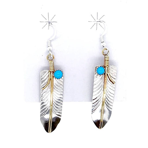 Image of Native American Earrings - Navajo Feather 12K Gold Fill & Sterling Silver Turquoise Dangle Earrings