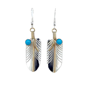 Native American Earrings - Navajo Feather 12K Gold Fill & Sterling Silver Turquoise (Medium Size) Dangle Earrings - Melvin Vandever - Native American