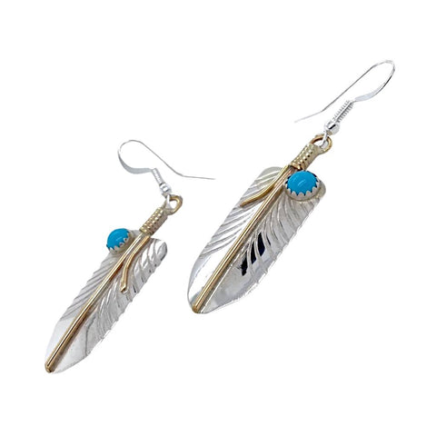 Image of Native American Earrings - Navajo Feather 12K Gold Fill & Sterling Silver Turquoise (Medium Size) Dangle Earrings - Melvin Vandever - Native American