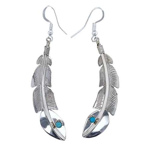 Image of Native American Earrings - Navajo Feather Sleeping Beauty Turquoise Sterling Silver Dangle Earrings - Billy Long