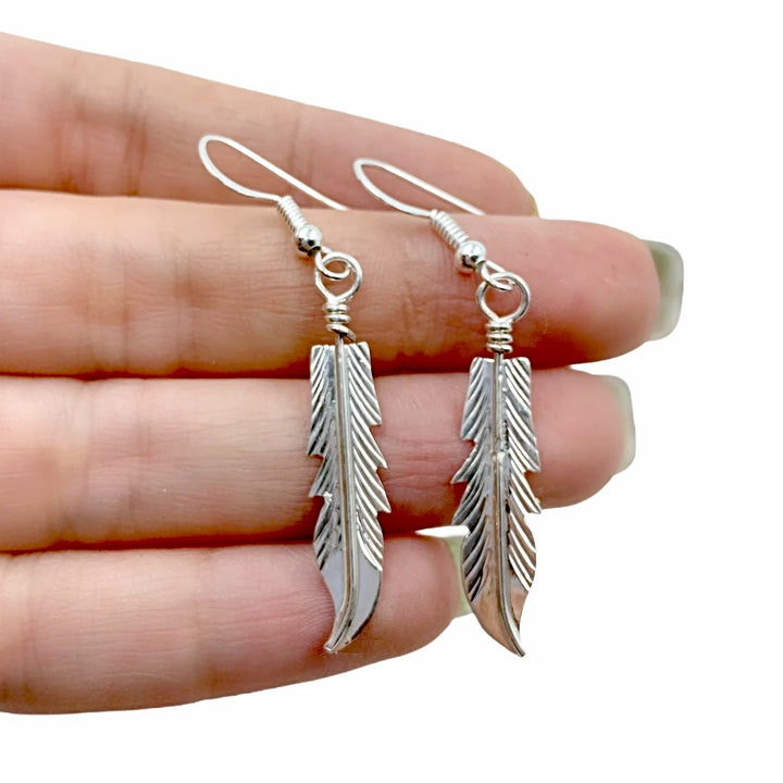 Native American Earrings - Navajo Feather Sterling Silver Dangle Earrings - Barney - Native American