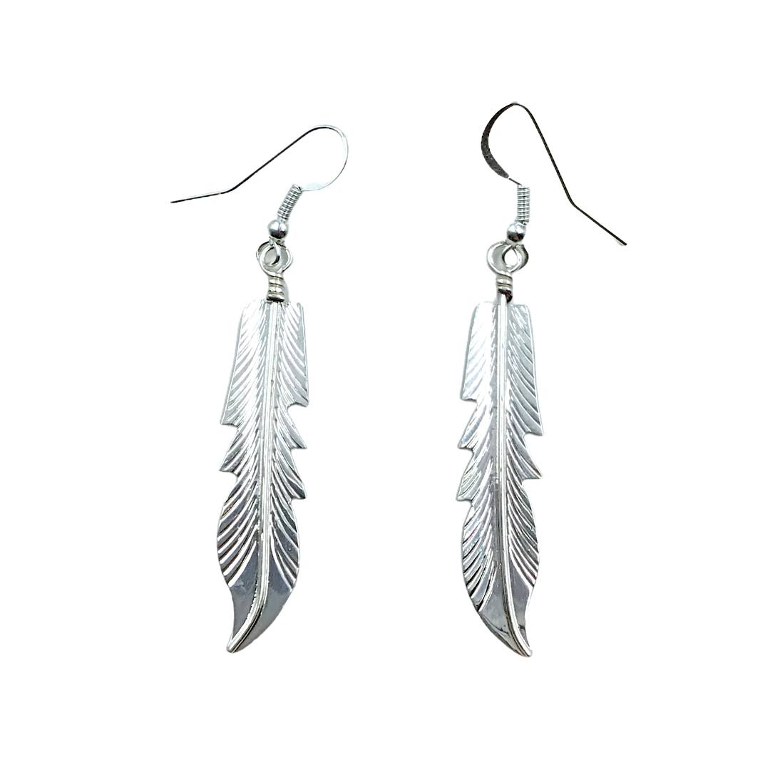 Native American Earrings - Navajo Feather Sterling Silver Long Dangle Earrings - Native American