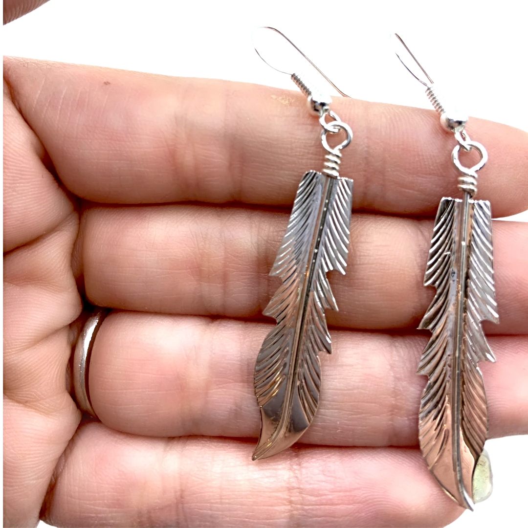 Native American Earrings - Navajo Feather Sterling Silver Long Dangle Earrings - Native American