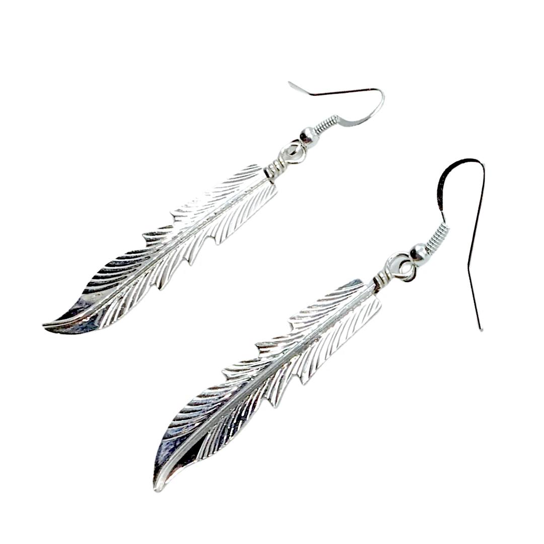 Native American Earrings - Navajo Feather Sterling Silver Long Dangle Earrings - Native American