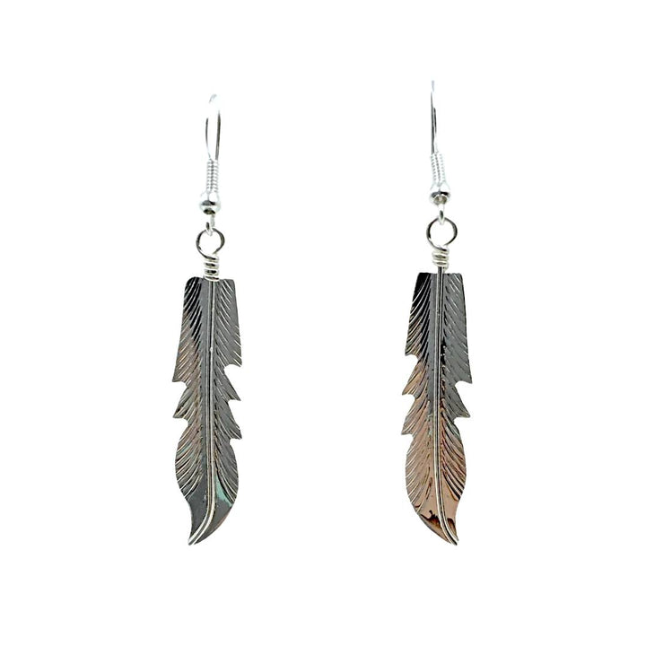 Native American Earrings - Navajo Feather Sterling Silver Long Dangle Earrings - Native American