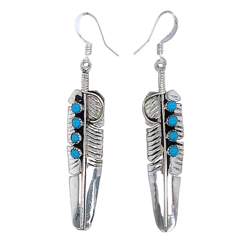 Image of Native American Earrings - Navajo Feather Turquoise Row Sterling Silver Dangle Earrings