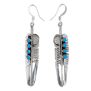 Native American Earrings - Navajo Feather Turquoise Row Sterling Silver Dangle Earrings