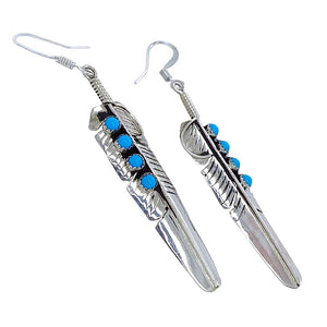 Native American Earrings - Navajo Feather Turquoise Row Sterling Silver Dangle Earrings