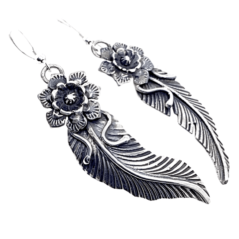 Image of Native American Earrings - Navajo Feathers And Flowers Sterling Silver Earrings