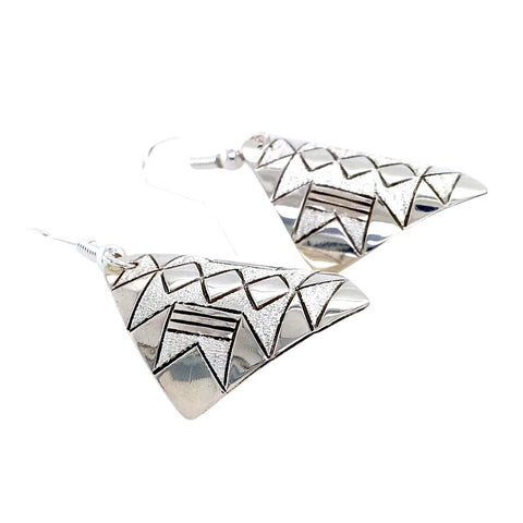 Image of Native American Earrings - Navajo Hand Stamped Sterling Silver Dangle Earrings