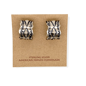 Native American Earrings - Navajo Hand-Stamped Sterling Silver Hoops