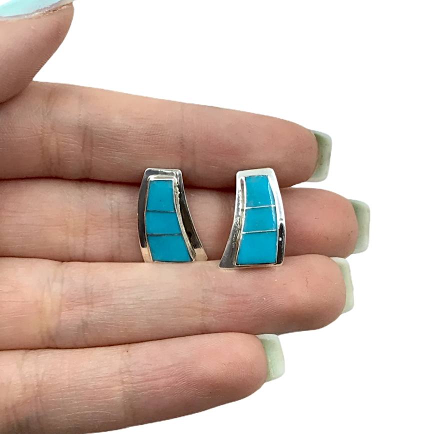 Native American Earrings - Navajo Inlaid Sleeping Beauty Turquoise Sterling Silver Post Earrings - Native American