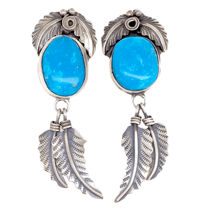 Native American Earrings - Navajo Kingman Turquoise Feather Dangle Earrings