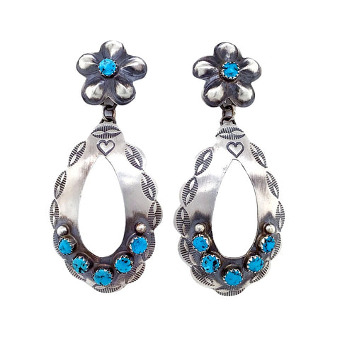 Image of Native American Earrings - Navajo Kingman Turquoise Oxidized Sterling Silver Flower Post Earrings - Thomas Yazzie - Native American