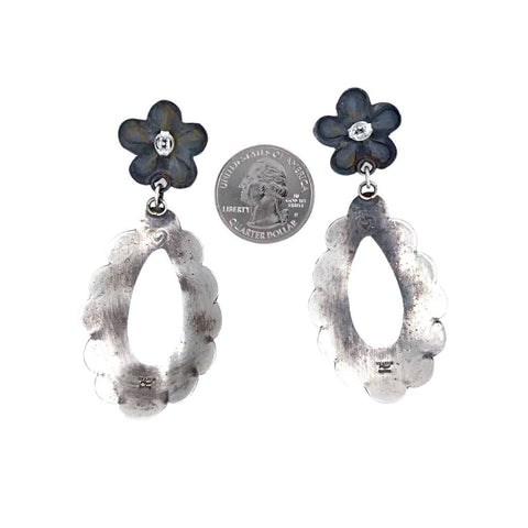 Image of Native American Earrings - Navajo Kingman Turquoise Oxidized Sterling Silver Flower Post Earrings - Thomas Yazzie - Native American