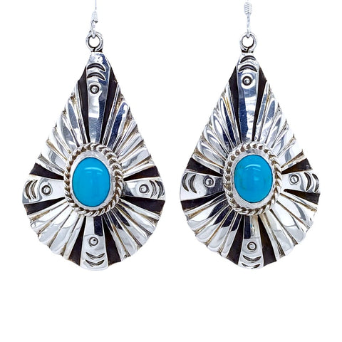 Image of Native American Earrings - Navajo Kingman Turquoise Sterling Silver Teardrop Dangle Earrings