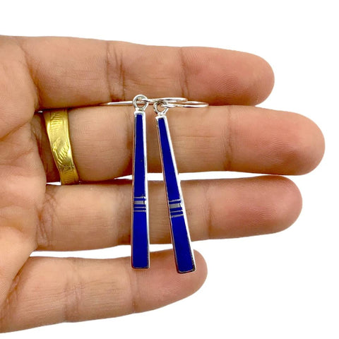 Image of Native American Earrings - Navajo Lapis Inlay Long Dangle French Hook Earrings- Rick Tolino - Native American