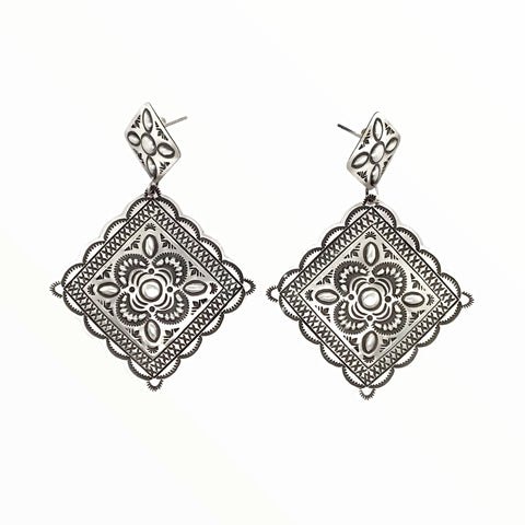 Image of Native American Earrings - Navajo Large Old Style Stamped Sterling Silver Dangle Earrings - Harris Joe - Native American