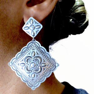 Native American Earrings - Navajo Large Old Style Stamped Sterling Silver Dangle Earrings - Harris Joe - Native American