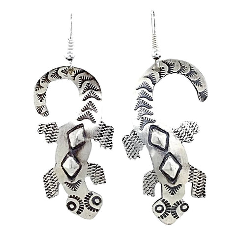 Native American Earrings - Navajo Lizard Oxidized Sterling Silver Dangle Earrings - Tim Yazzie