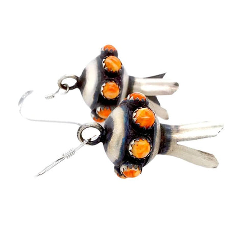 Image of Native American Earrings - Navajo Orange Spiny Oyster Sterling Blossom Dangle Earrings