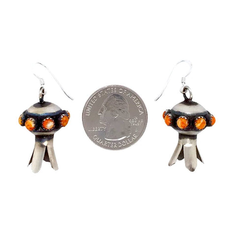 Image of Native American Earrings - Navajo Orange Spiny Oyster Sterling Blossom Dangle Earrings