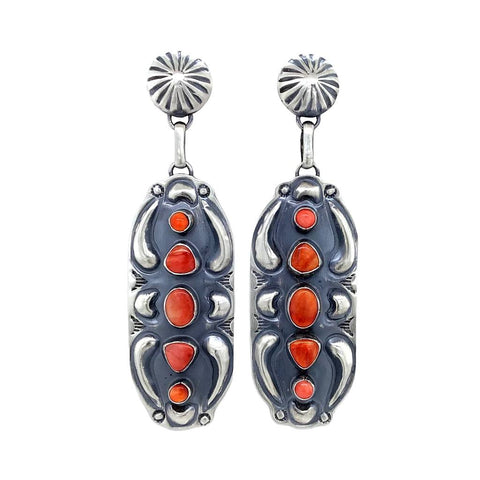 Image of Native American Earrings - Navajo Red Spiny Oyster Oxidized Sterling Silver Post Earrings - Jeff James - Native American