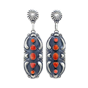 Native American Earrings - Navajo Red Spiny Oyster Oxidized Sterling Silver Post Earrings - Jeff James - Native American