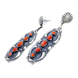 Native American Earrings - Navajo Red Spiny Oyster Oxidized Sterling Silver Post Earrings - Jeff James - Native American