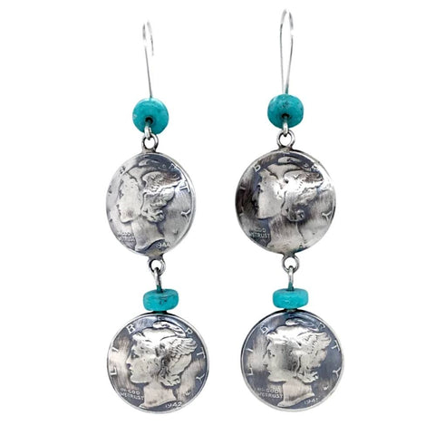 Image of Native American Earrings - Navajo Silver Mercury Dime Turquoise Dangle Earrings