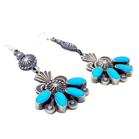 Image of Native American Earrings - Navajo Sleeping Beauty Turquoise Hand Stamped Sterling Dangle Earrings - Mike Calladitto