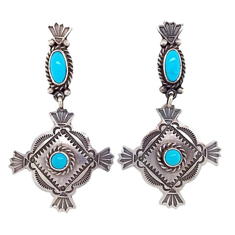 Image of Native American Earrings - Navajo Sleeping Beauty Turquoise Stamped Sterling Dangle Earrings - Mike Calladitto