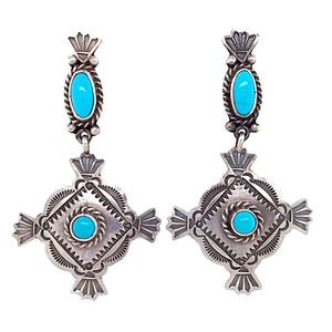 Native American Earrings - Navajo Sleeping Beauty Turquoise Stamped Sterling Dangle Earrings - Mike Calladitto