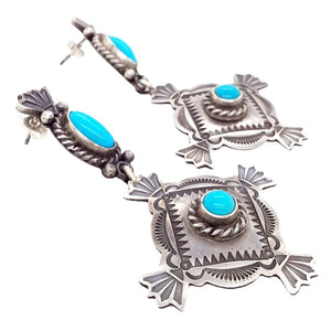 Native American Earrings - Navajo Sleeping Beauty Turquoise Stamped Sterling Dangle Earrings - Mike Calladitto