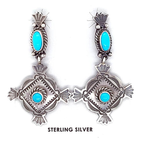 Image of Native American Earrings - Navajo Sleeping Beauty Turquoise Stamped Sterling Dangle Earrings - Mike Calladitto