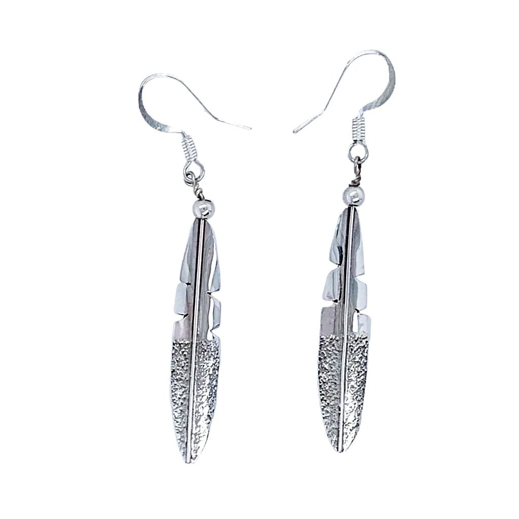 Native American Earrings - Navajo Small Feather Sterling Silver Dangle Earrings - Native American