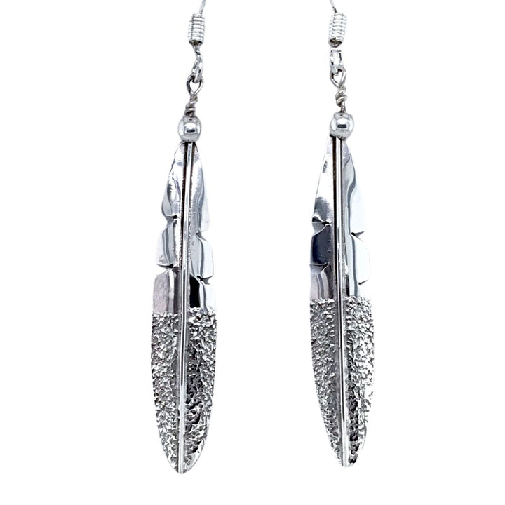 Native American Earrings - Navajo Small Feather Sterling Silver Dangle Earrings - Native American