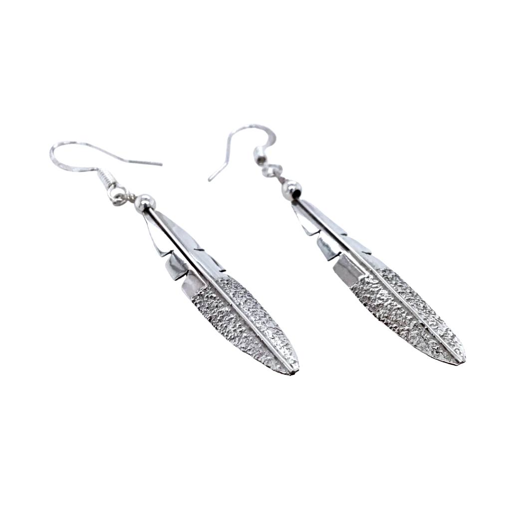 Native American Earrings - Navajo Small Feather Sterling Silver Dangle Earrings - Native American