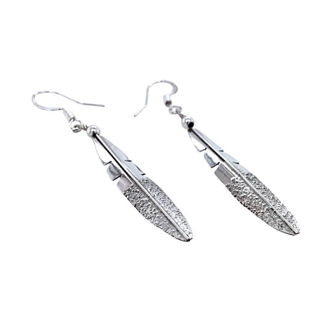 Image of Native American Earrings - Navajo Small Feather Sterling Silver Dangle Earrings - Native American