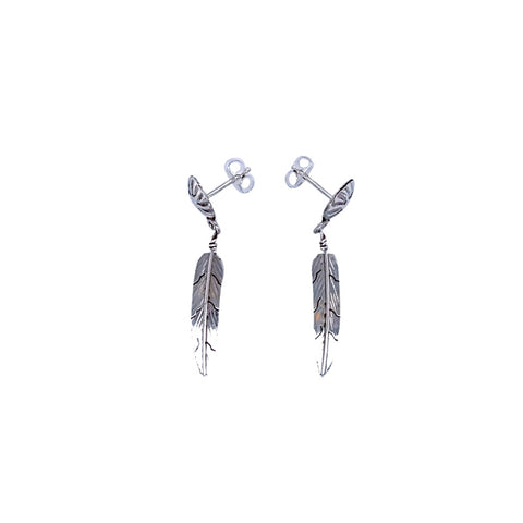 Native American Earrings - Navajo Small Feather Sterling Silver Dangle Post Earrings - Native American