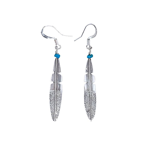 Image of Native American Earrings - Navajo Small Feather Turquoise Sterling Silver Dangle Earrings - Native American