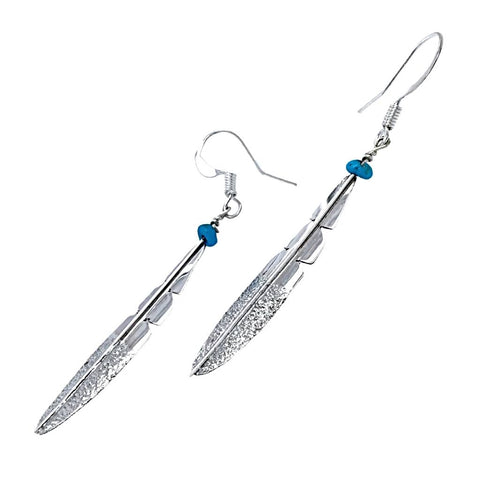 Image of Native American Earrings - Navajo Small Feather Turquoise Sterling Silver Dangle Earrings - Native American