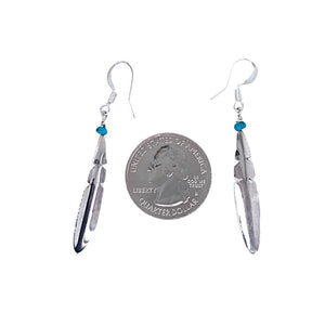 Native American Earrings - Navajo Small Feather Turquoise Sterling Silver Dangle Earrings - Native American