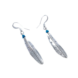 Native American Earrings - Navajo Small Feather Turquoise Sterling Silver Dangle Earrings - Native American