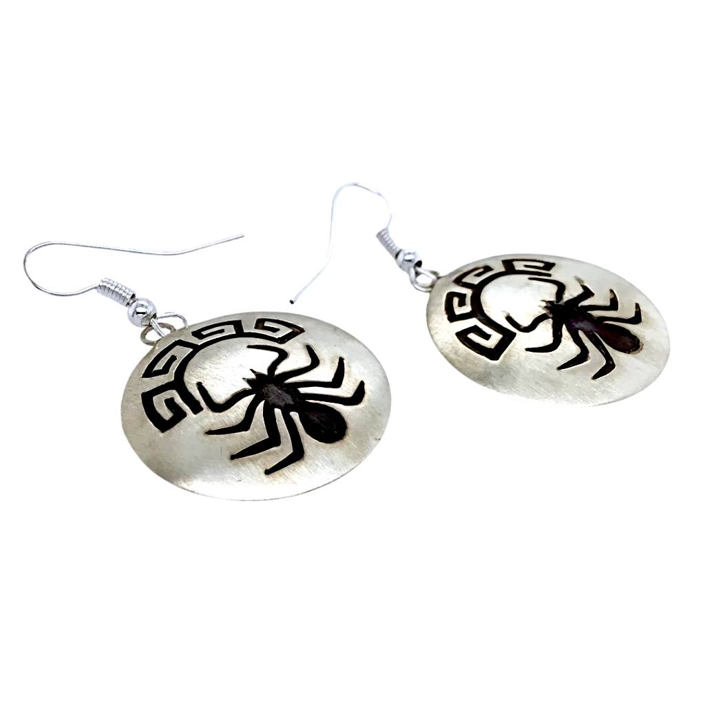 Native American Earrings - Navajo Spider Oxidized Sterling Silver Earrings