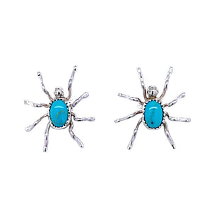 Native American Earrings - Navajo Spider Turquoise Sterling Silver Stud Earrings - A. Spencer - Native American