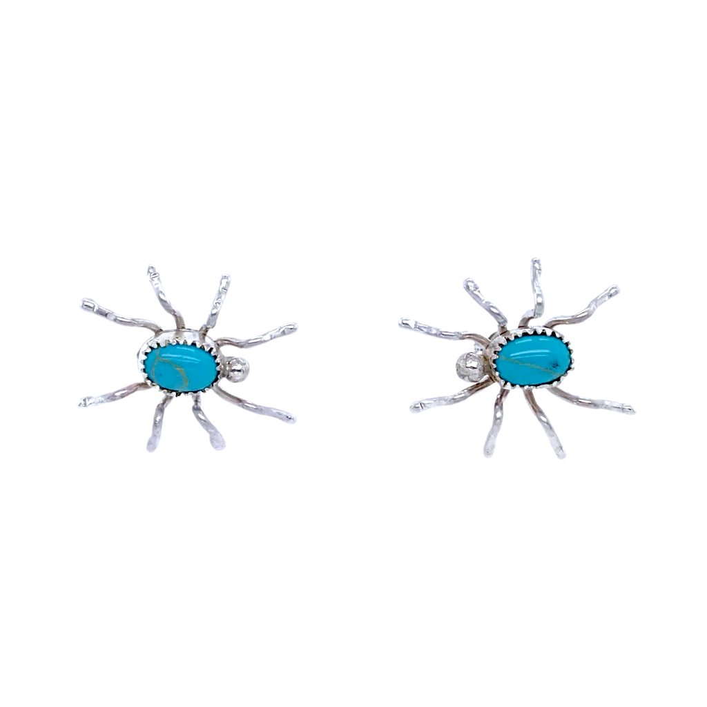 Native American Earrings - Navajo Spider Turquoise Sterling Silver Stud Earrings - A. Spencer - Native American